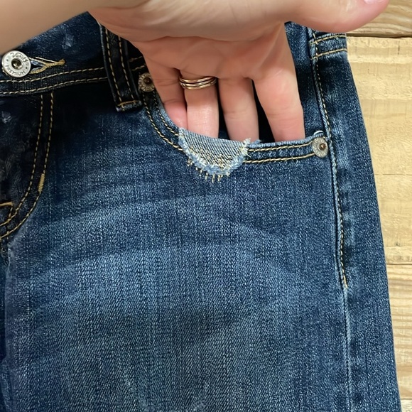 Vanity size 26x33 Dark Wash Slight Stretch Bootcut Jeans with Distress Detailing - Picture 4 of 15